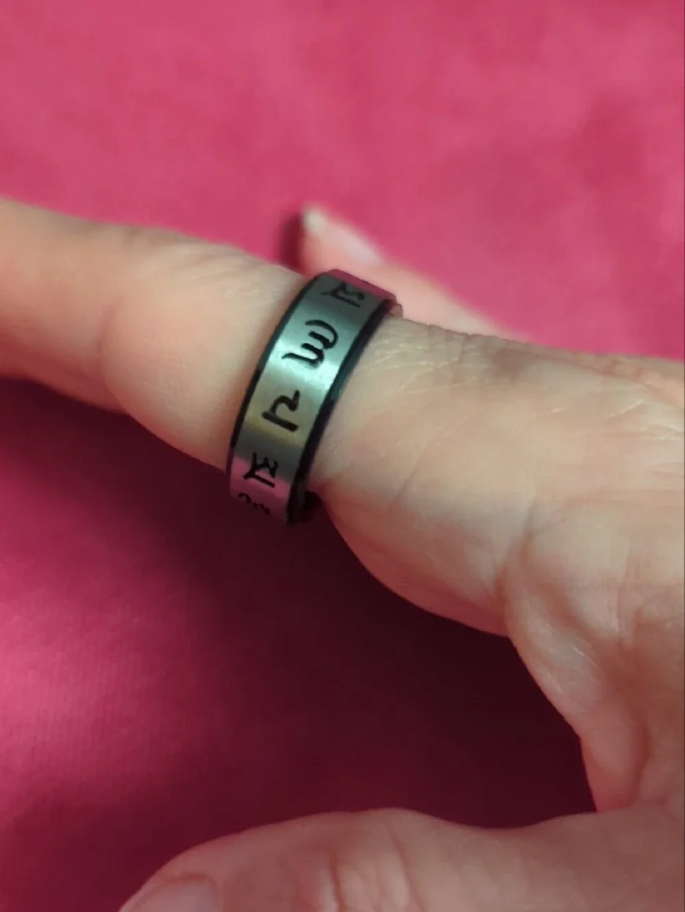 Engraved Script Stainless Steel Spinner Ring - Two-Tone Silver & Black
